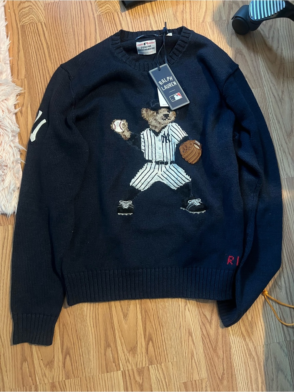 Polo Ralph Lauren New York NY Yankees MLB Leather cotton linen Bear Sweater NWT